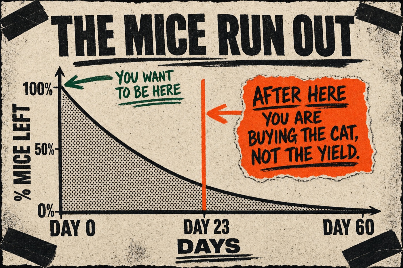 Line chart: percentage of mice left falling over time, with day 23 marked as the break-even point