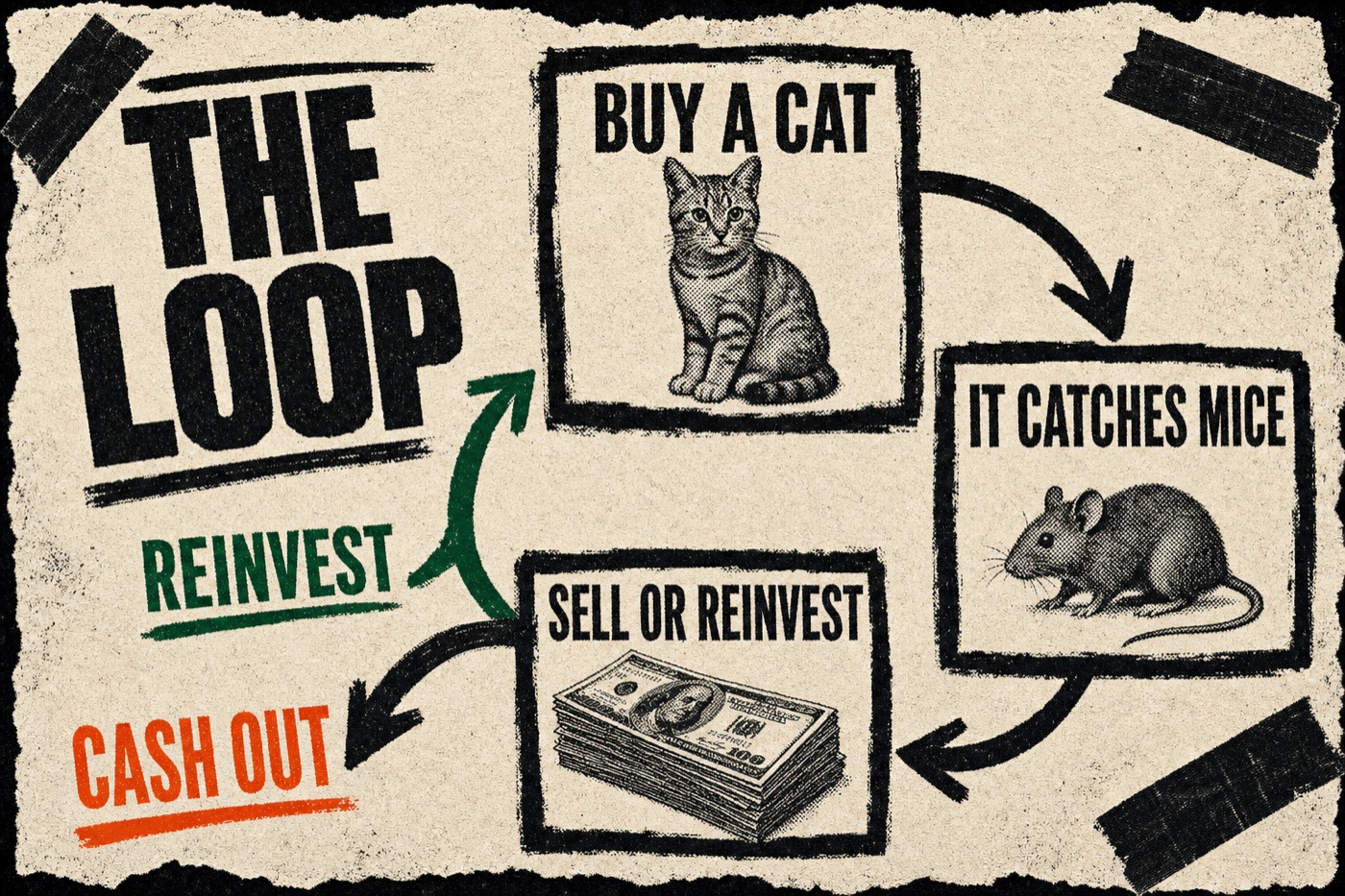 Diagram of the loop: buy a cat, it catches mice, sell or reinvest